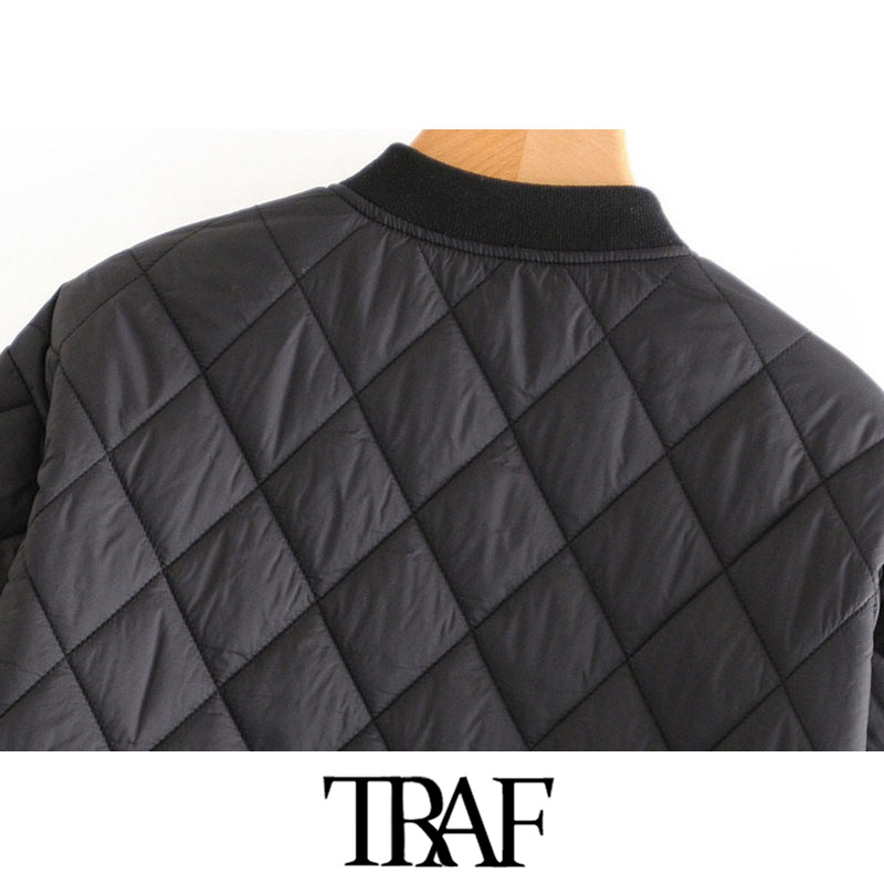TRAF Women Fashion Argyle Loose Padded Jacket Coat Vintage Long Sleeve Side Pockets Female Outerwear Chic Tops 201017