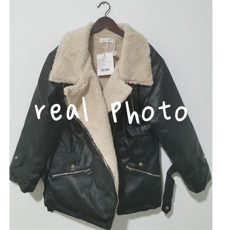 Bella philosophy Autumn Winter Temperament Turn Down Collar coats Zipper With Belt Women Loose Lamb Hair PU Fur Jacket 201029