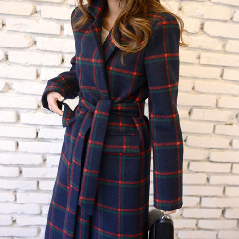High Quality Winter Wool Blends Coat Belt Female Long Houndstooth Over The Knee Woolen Overcoat paszcz damski manteau femme 201223