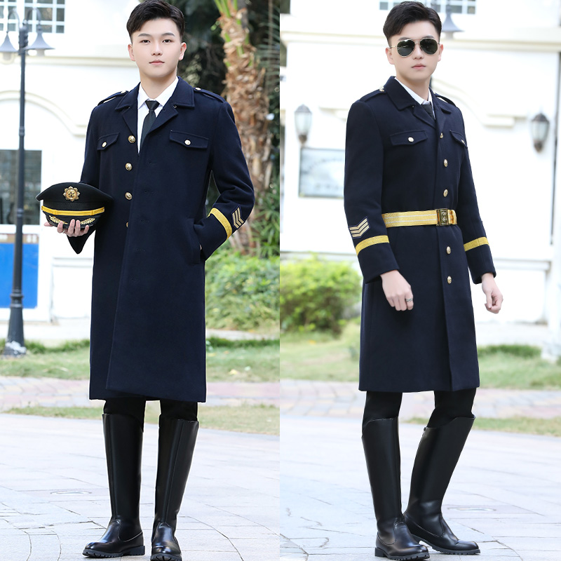 Men's Wool & Blends Airline captain woolen Overcoat male pilot thick property security winter clothing wool annual meeting performance Trench Coa