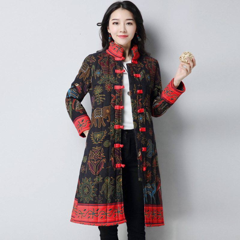 Big Size Women Winter Cotton Linen Ethnic Print Buttons Long Coat Lady's National Style jacket Stand Collar Female Vintage Coat T200212