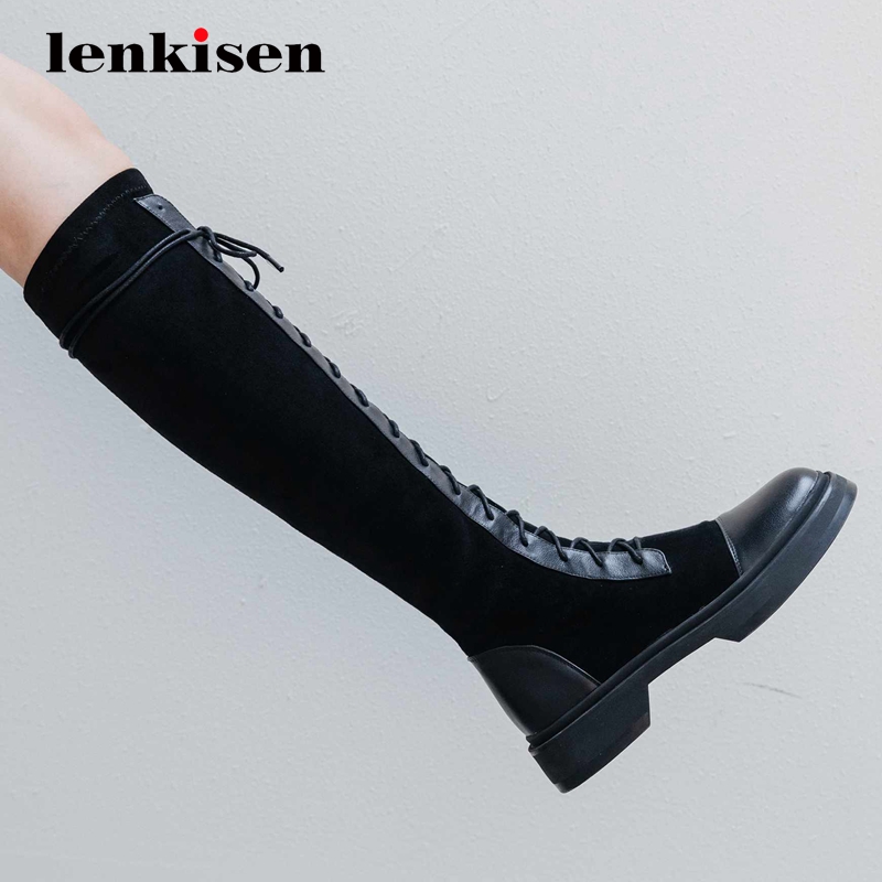 Lenkisen riding boots real leather mixed cloth handmade round toe thick med heel lace up beauty lady mature knee high boots L2f2, Black 1
Lenkisen riding boots real leather mixed cloth handmade round toe thick med heel lace up beauty lady mature knee high boots L2f2, Black 1