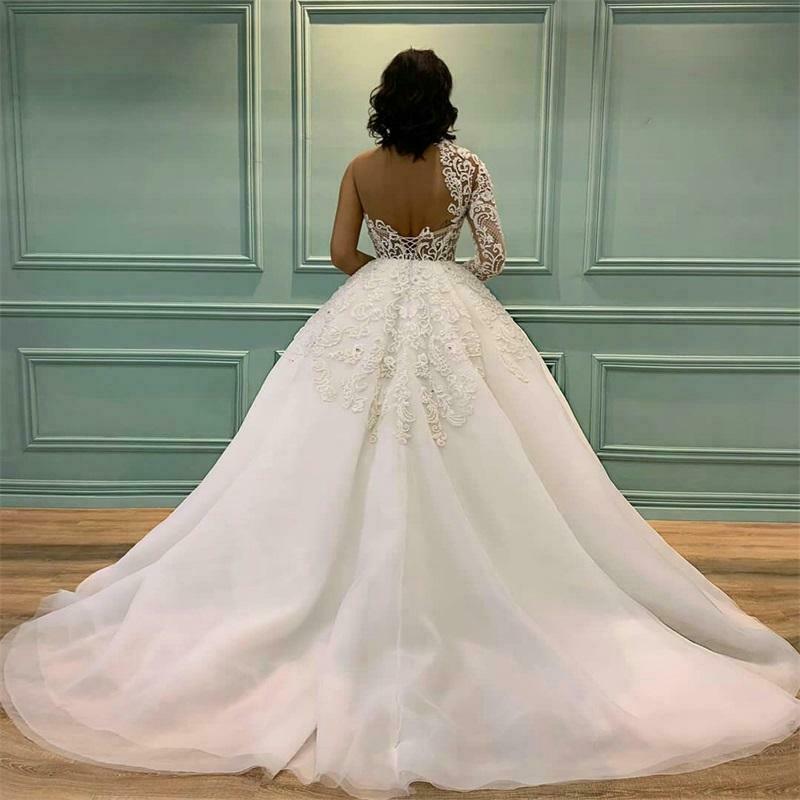Lace Formal Bridal Gowns One-Shoulder Long Sleeves Wedding Dresses Sweep Train vestido de Ball Gown