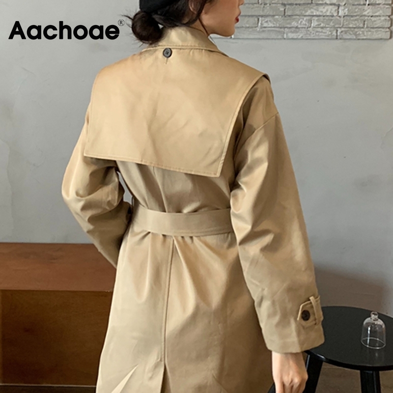 Aachoae Casual Trench Coat Long Windbreaker Women Korean Single Breasted Coat With Belt Solid Long Sleeve Pockets Outerwear 201111