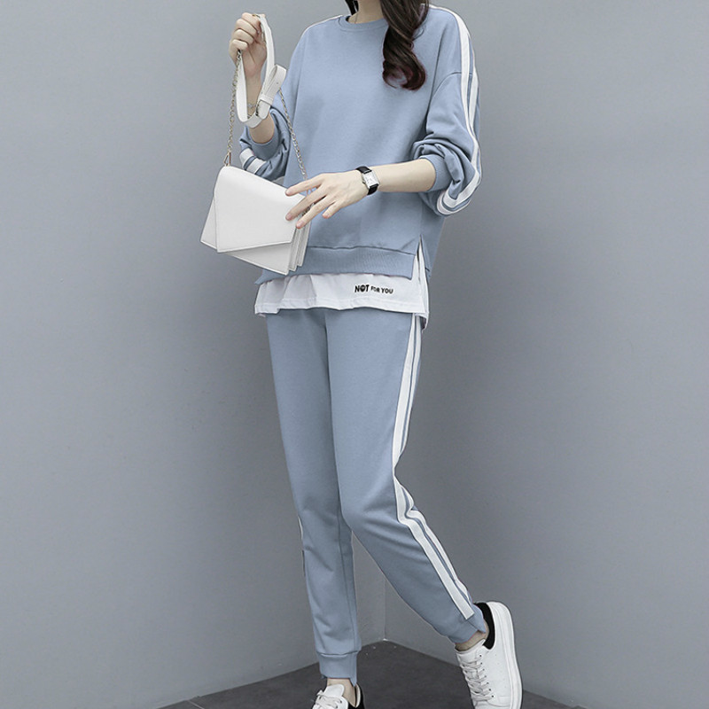 Semfri Tracksuit Spring Autumn Women's Suit Cotton Plus Size O-Neck Sweatshirt +Patch Color Pants Two Piece Set 201119