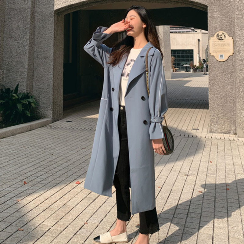 2020 autumn trend women's windbreaker Elegant Waist Belt Loose Khaki black blue Spring Long Trench coat for women outwear FY47 T200828