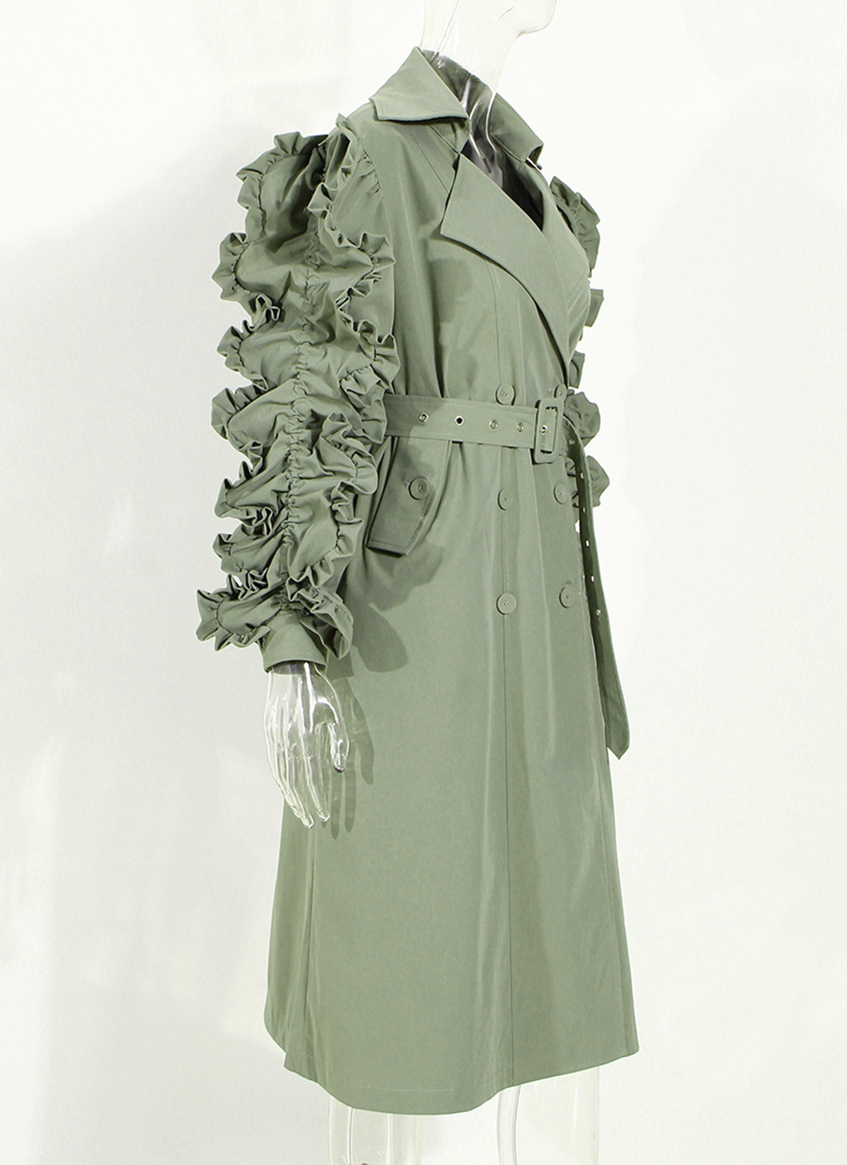 DEAT turn-down collar ruffles patchwork full sleeves shoulder high waist double breasted waist belt female windbreaker WO03106L 201211