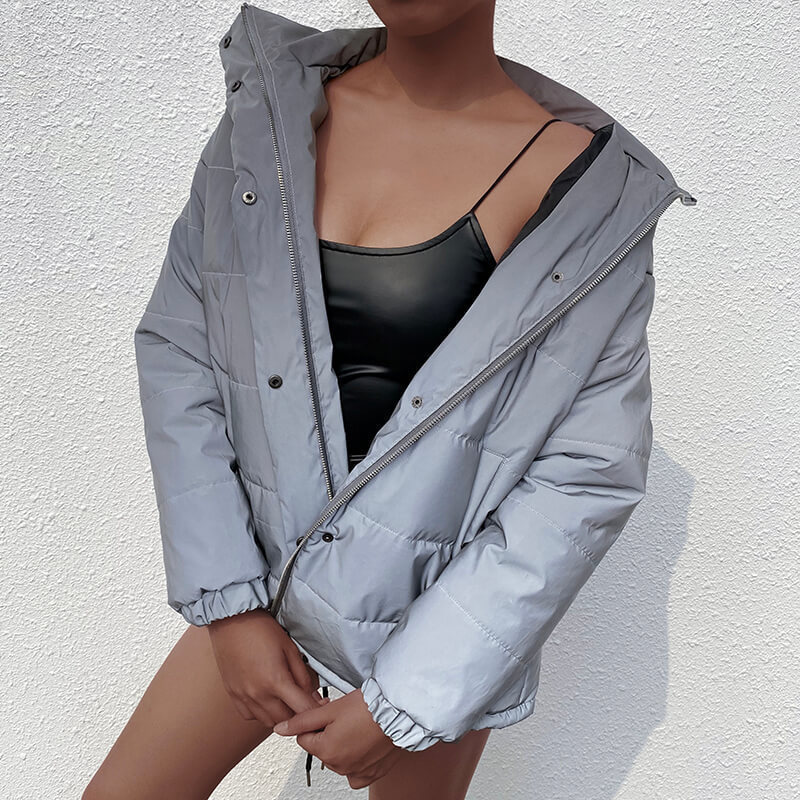 Reflective Gray Zipper Oversized Women Jackets Long Sleeve Button Loose Thick Cropped Jacket Sexy Streetwear Coat Winter LJ201127