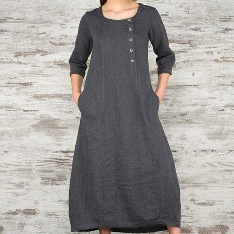 Autumn Celmia Women Maxi Dress O Neck Three Quarter Robe Dress Casual Loose Vintage Vestidos Elegant Dresses Plus Size 4XL T200416