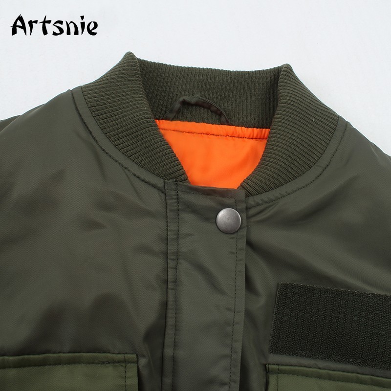 Artsnie Autumn Bomber Jacket Women Army Green Warm Zipper Pockets Winter Coat Female Jacket Parkas Femme Chaqueta Mujer 201126