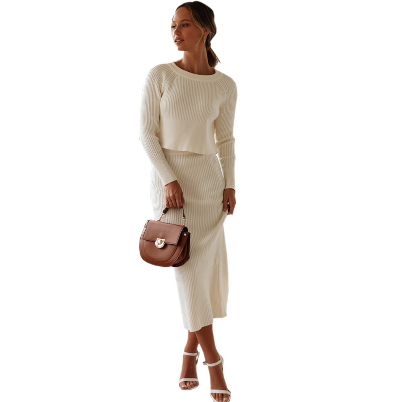 Knitted 2 Pieces Set Women Pullovers Sweater Crop Tops & Knitted Skirts Bodycon Office Lady Skirts 2PCS Suits Winter Cloth 201102