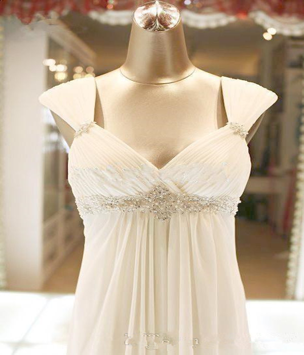 Real Photos White Chiffon With Empire Waist Wedding Dresses With Beaded Sash Backless Long Sweep Plus Size A Line Bridal Gowns For Garden