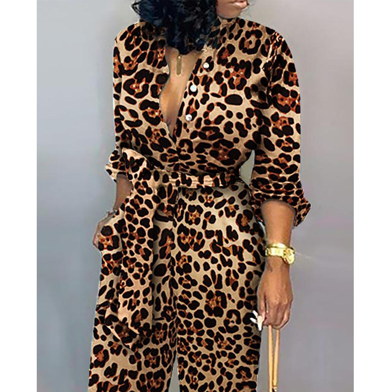 Sexy women romper Leopard Tied Waist Long Sleeve Jumpsuit T200509