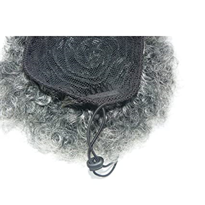 With salt and pepper drawstring gray ponytail human hair extension afro kinky curly puff bun updo silver grey natural highlights pony tail hair piece 