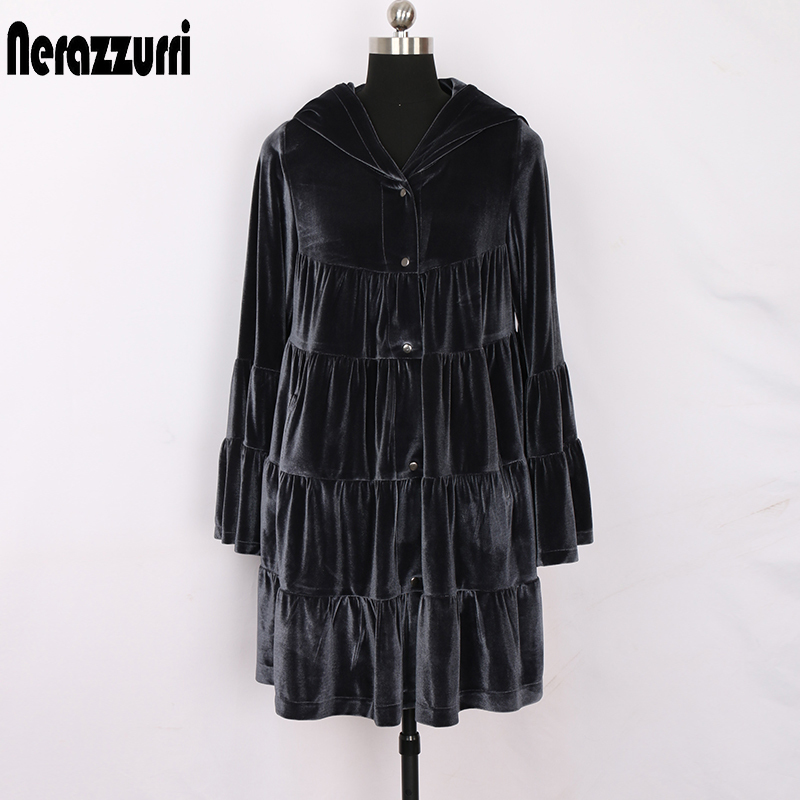 Nerazzurri Oversized velvet trench coat for women with hood flare long sleeve Spring loose clothes for women women fashion 201211