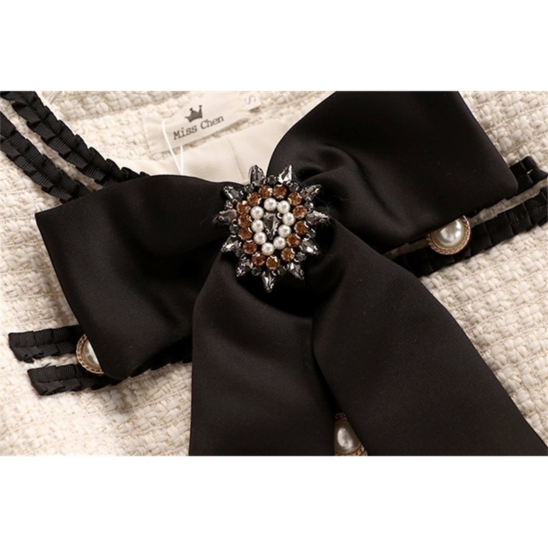 Mozuleva Autumn Winter Wool Suits Women Two Piece Set Beading Big Bowknot Tweed Short Jacket Coat + High Waist Mini Pocket Skirt 201027