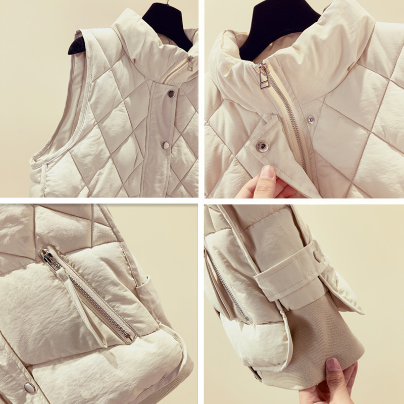 MUMUZI Winter warm Women's Vest loose Plaid Down Cotton wadded Coats Slim Zipper Waistcoats Beige Sleeveles Parkas Female 201102