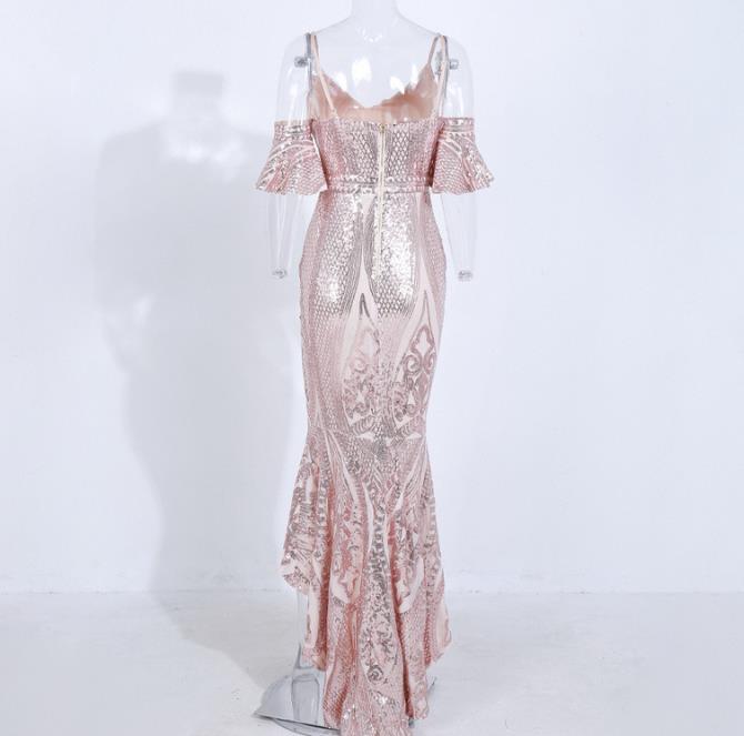 Rose Gold Color Evening Dresses High Lo Mermaid Sequins Elegant Prom Dress Mother of Bride Dresses Cheap Stock Evening Gown