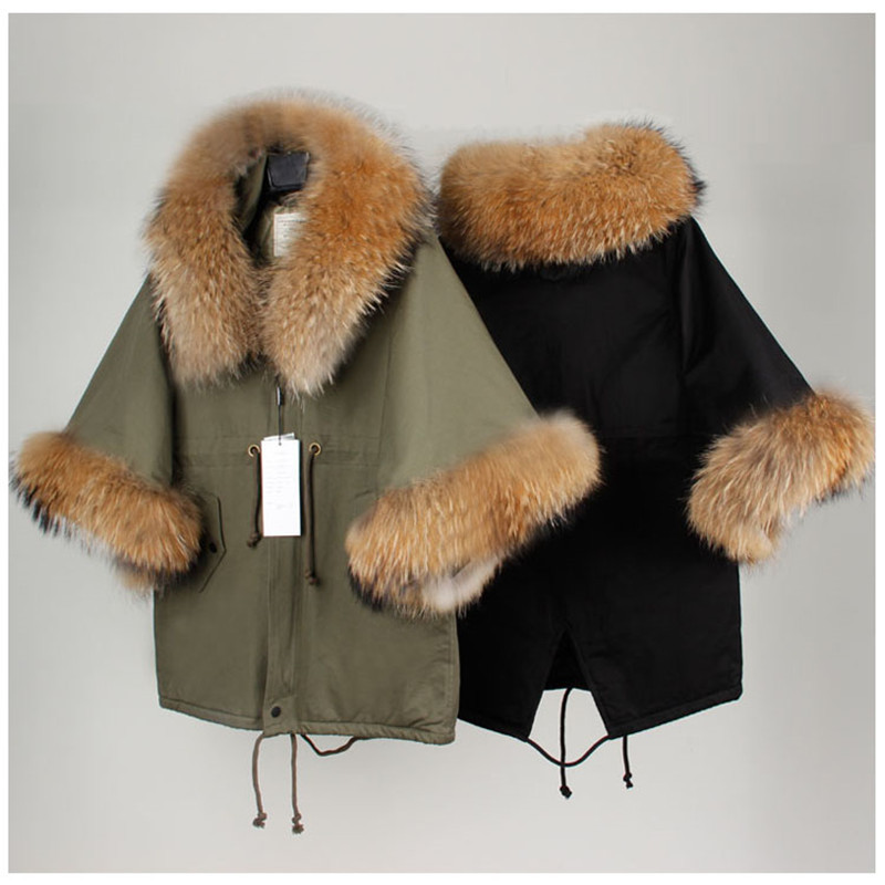 Women Winter Coat Jacket Raccoon Large Fur Collar Army Green Casual Overcoat Flare Sleeve Cloak Cottonpadded Outerwear