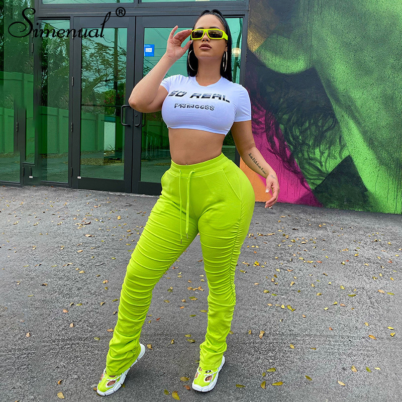 Simenual Ruched High Waist Women Stacked Pants Casual Solid Bodycon Fashion Long Trousers Workout Streetwear 2020 Summer Pants T200607