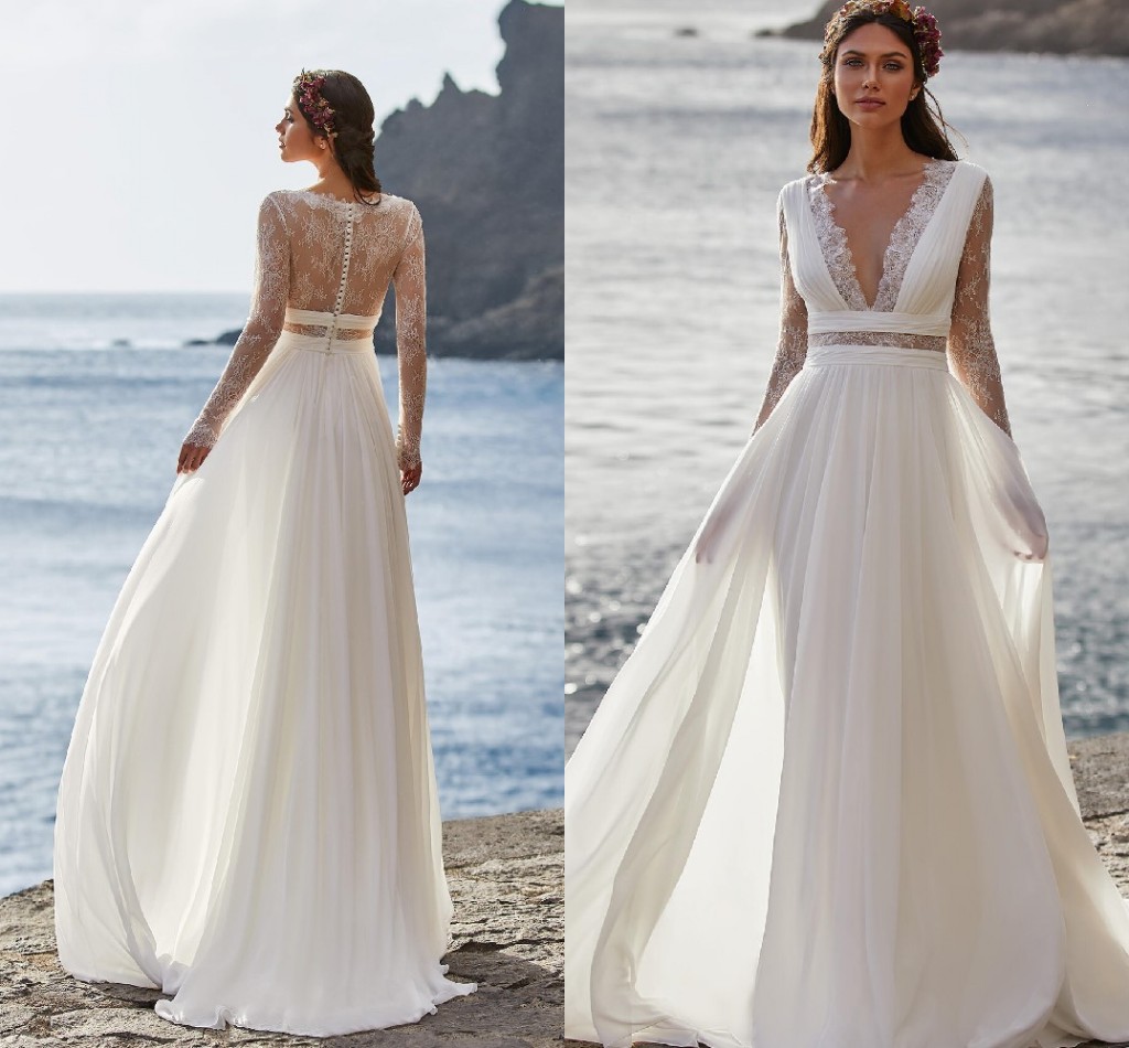 Bohemian Wedding Dress 2021 Long Sleeve V-Neck Floor Length Chiffon A-Line lace Back Bridal Gowns With Belt Charming vestidos de novia