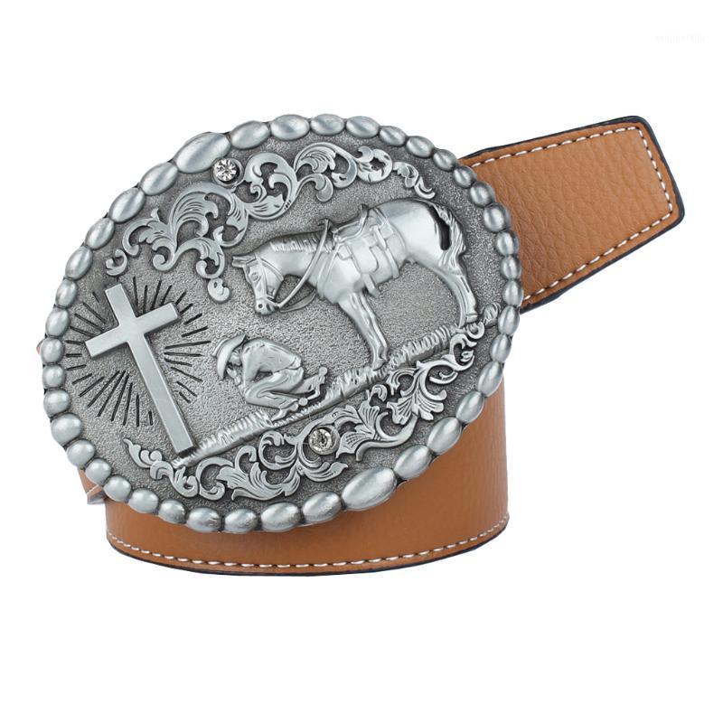 Belts Men's American Western Cowboy Leather Belt Knight Rider Buckle Motorcyclist, Brown