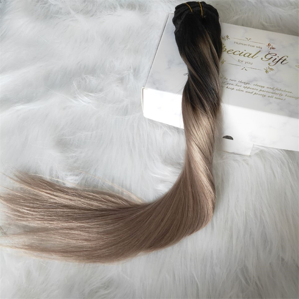 Balayage Clip In Hair Extensions Natural Black Color Fading To Ash Blonde Ombre Double Weft Extension 120G
