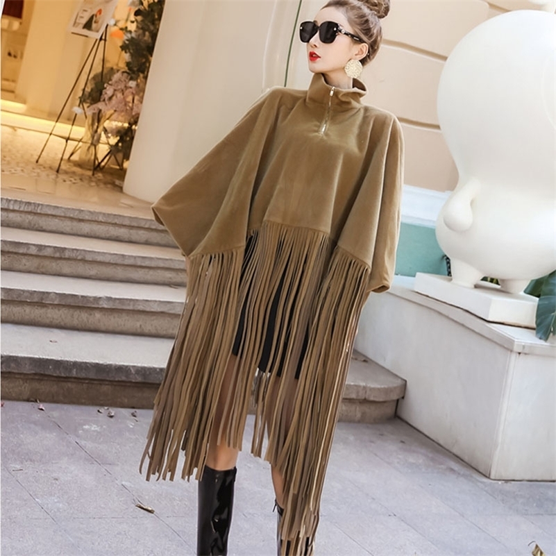 New Spring Autumn Black Jacket Loose Tassels Turtleneck Long Sleeve Cape Coat Women Fashion Plus Size Ponchos Y201001