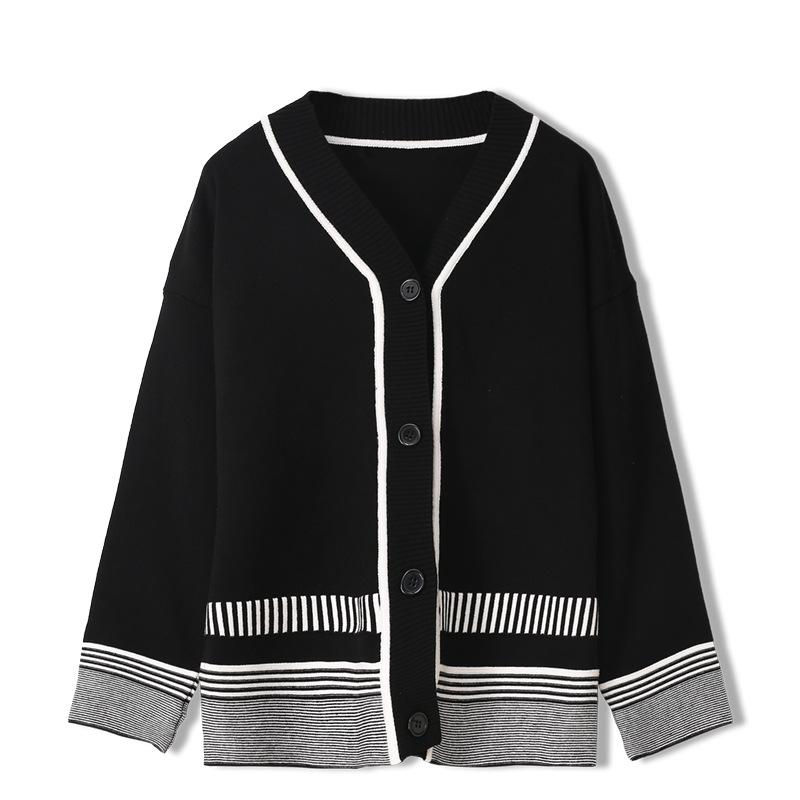 Autumn Winter Cardigan Women Black Single-Breasted Knit Sweater V-Neck Long-Sleeved Fashion Black Striped Loose Sweater Tops
Autumn Winter Cardigan Women Black Single-Breasted Knit Sweater V-Neck Long-Sleeved Fashion Black Striped Loose Sweater Tops