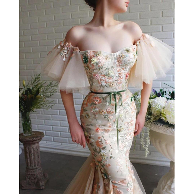 Sexy Champagne Mermaid Prom Dresses Off Shoulder Sweetheart Long Formal Evening Gowns Appliqued Lace Women Special Occasion Dress Customize