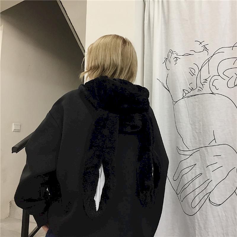 Oversize Balck Long Hoodies Women Sweatshirt Clothes Gothic Streetwear Loose Harajuku Hooded Rabbit Ear Hooded Pullovers 201007