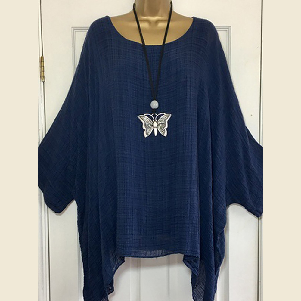 LEWVLIOD Plus Size Womens Tops And Blouses Solid Batwing Sleeve Loose Shirts Asymmetric O Neck Elegant Female Tops Summer Blusas 201201