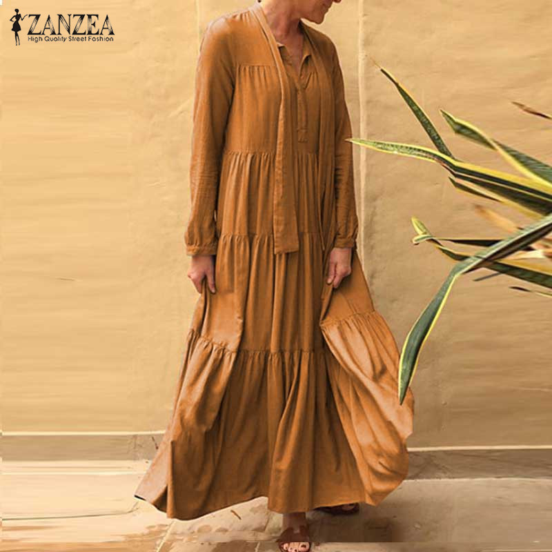 ZANZEA Elegant Ruffle Maxi Dress Women's Summer SundressCasual Long Sleeve Pleated Vestidos Female V Neck LaceUp Robe 5XL T200620