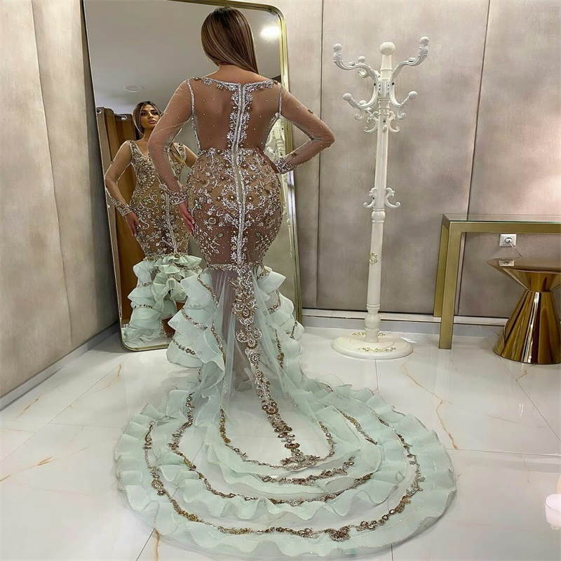 Designer Prom Dresses Chic Sequins Crystal Beads Ruffles Mermaid Evening Dresses Sheer Illusion Soft Tiered Tulle Party Dress Custom Made