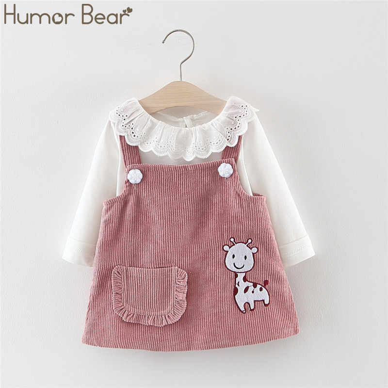 Humor Bear Girls Autumn Korean Children's Clothing Doll Collar Long Sleeve Strap Dress Suit Baby Kids Clothing Suit LJ201223