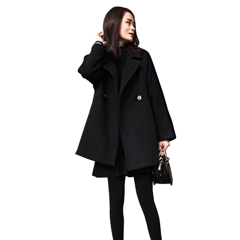 New Autumn Winter Women Coat Plus Size Fashion Turn-Down Collar Solid Loose Woolen Blends Coat For Women Larger BLACK Outerwear 201103
