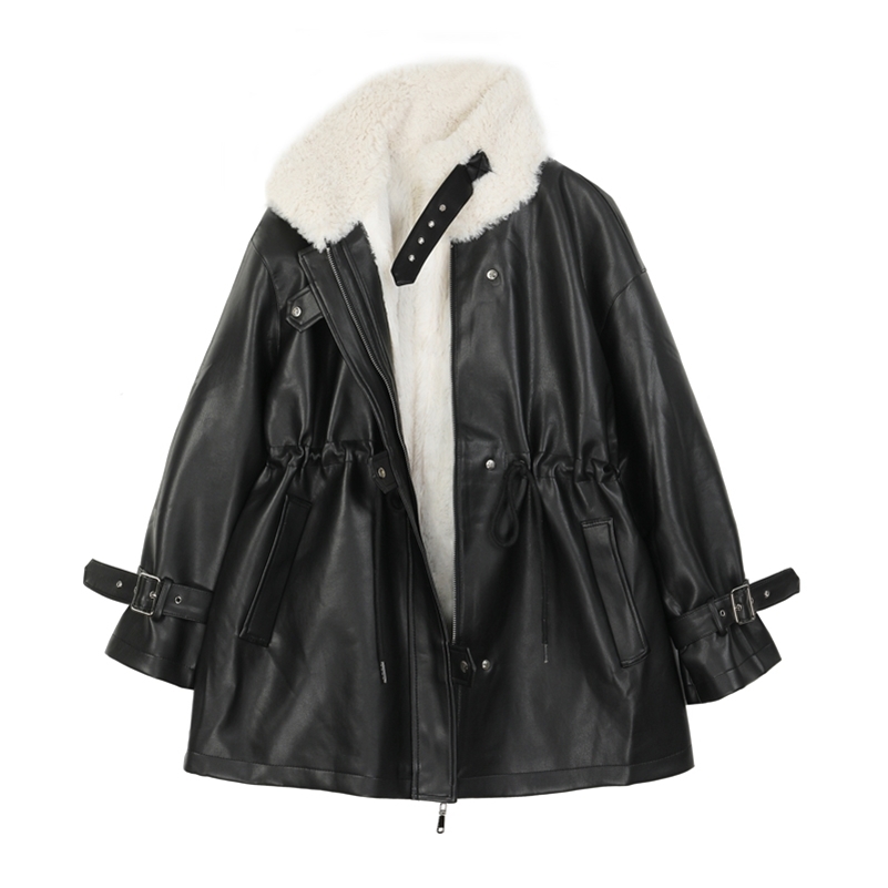 Faux Fur Coat Women Leather Jacket Autumn Winter Warm Plush Thick Suede Outerwear Lambs Wool Short Motorcycle Coats Female 201226