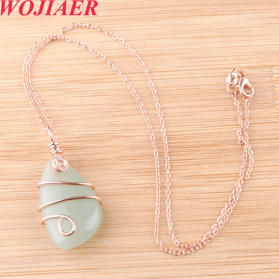 WOJIAER Natural Stone Copper Wire Wrap Pendant Irregular Bead Rose Gold Necklace for Women Men Reiki Healing Jewelry Gift DBO915