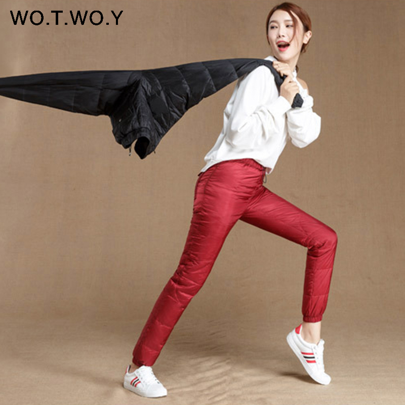 WOTWOY Casaul Winter Women Pants Pockets Plue size Basic High Waist Straight Female Down Pants Thick Trousers Women 201109