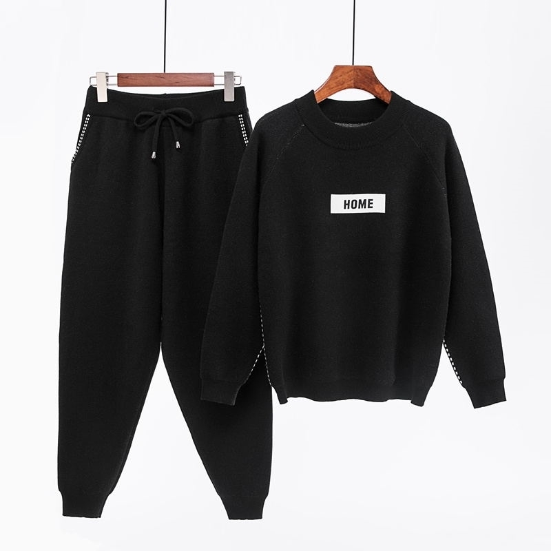 BornSra Spring New Women Fashion Cashmere Knitted Sweater Sets Sportswear Long-sleeved Trousers Two-piece Sets Tracksuit 201120
