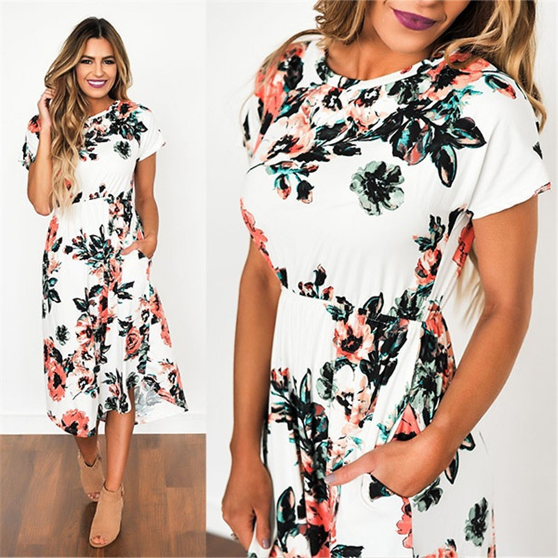 Rogi Vestidos De Verano 2020 Summer Printed Boho Tunic Dress Short Sleeve Casual Sundress Ladies White Dresses Robe Femme Ete T200604