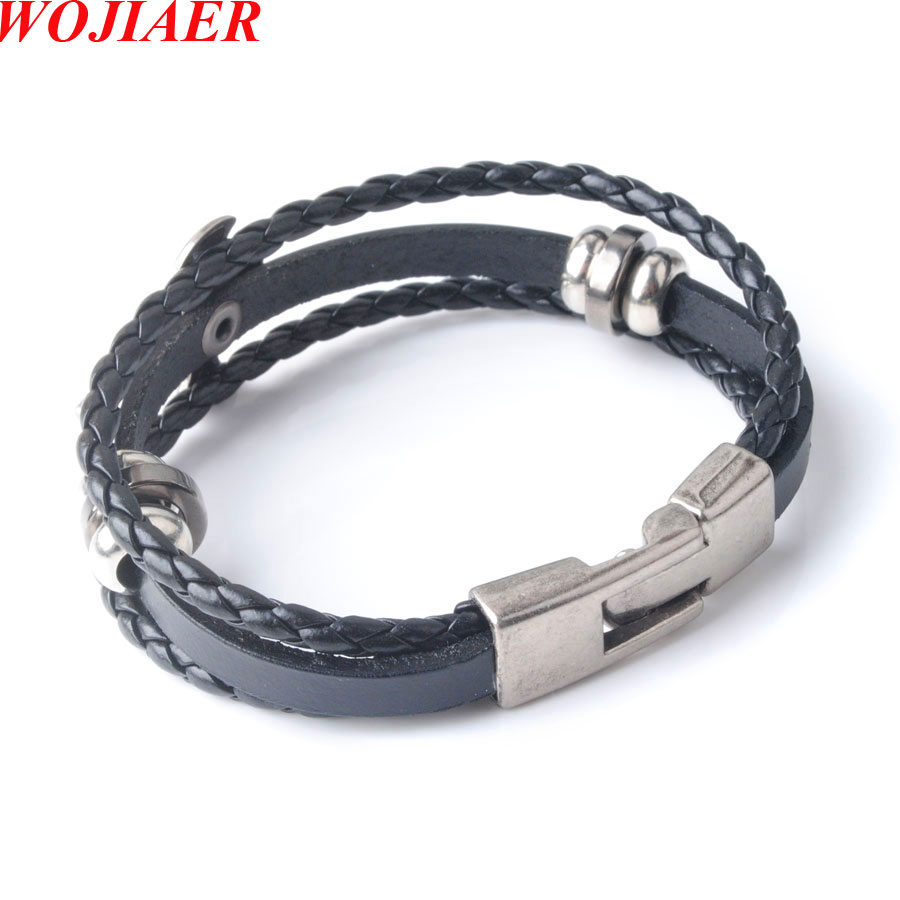 WOJIAER European Fashion Stainless Steel Skull of Cross Multilayer Leather Braid Bracelet Men's Charm Amulet Jewelry BC002