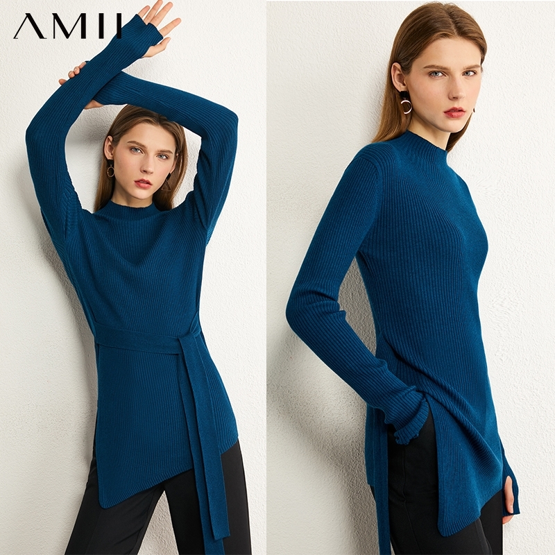 AMII Minimalism Autumn Winter Women Sweater Fashion Turtleneck Slim Fit Women's Sweater Solid Belt Female Sweater Tops 12040520 201017