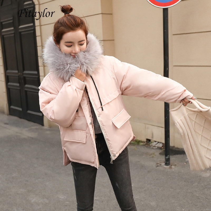Fitaylor Faux Fur Collar Short Parkas Loose Down Cotton Coats Winter Women Hooded Jackets Pink Black Burgundy Snow Outwear 201019