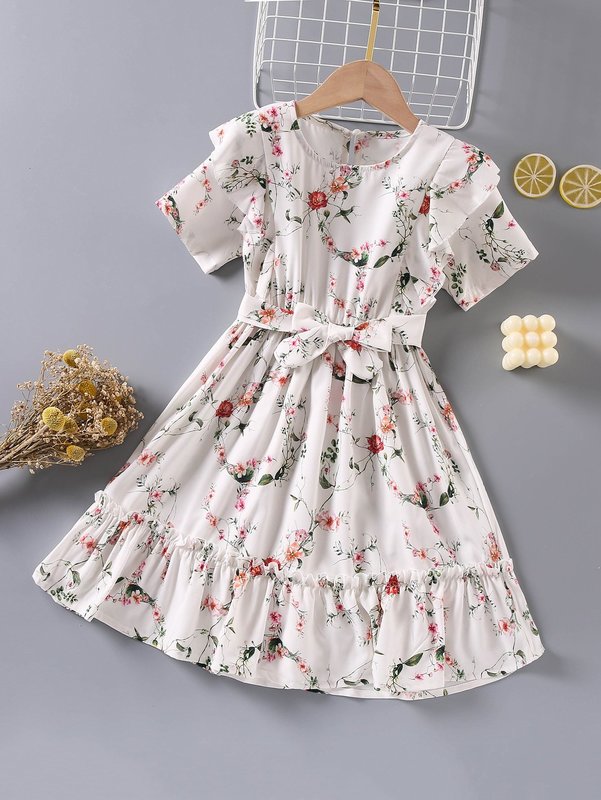 Girls Floral Print Ruffle Trim Belted Dress SHE