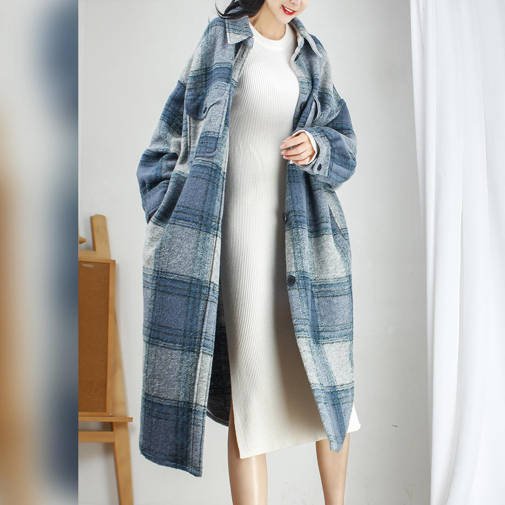 Autumn Winter Female Warm Woolen Fashion Elegant Women Lady Wide Waist Blue Plus Size Oversize Long Sleeves Wool Coat For Women 201102