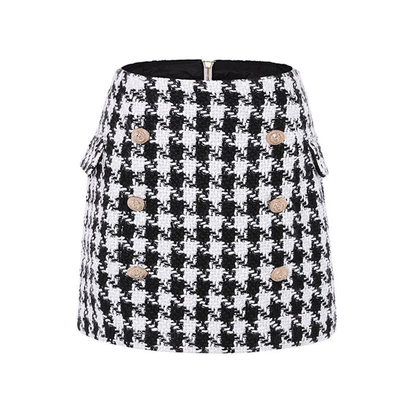 UKCNSEP Fall Winter Skirt Women's Fringed Lion Buttons Houndstooth Tweed Mini Skirt 201109