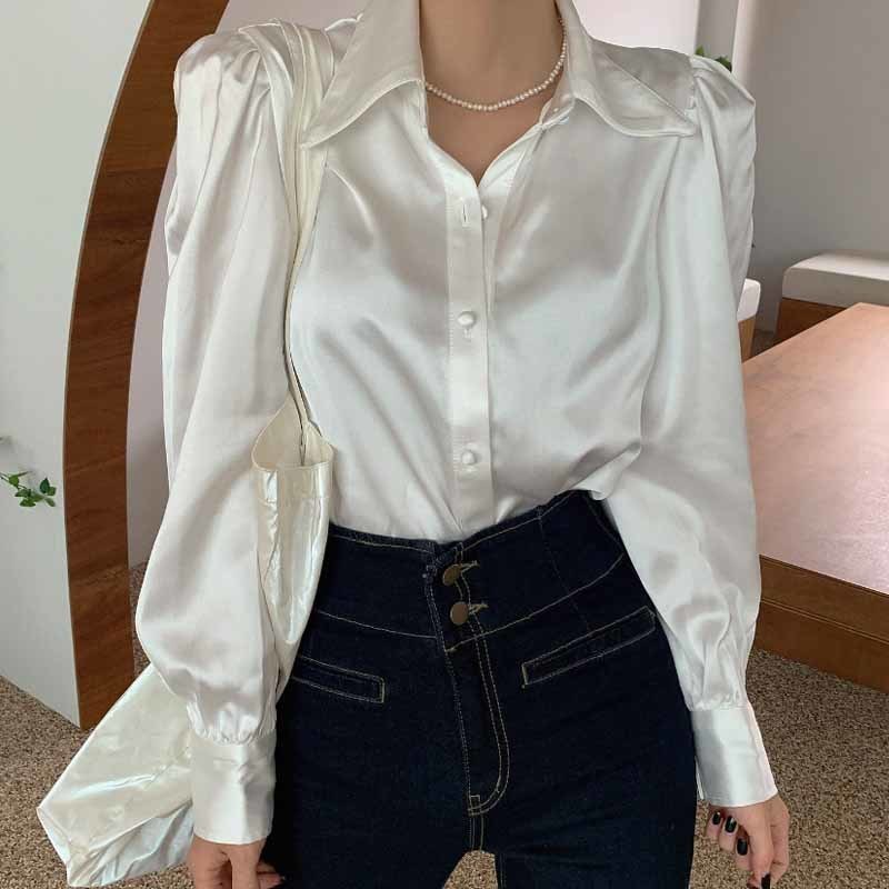 Korean Bubble Sleeve Loose Satin Button Lapel Shirt Elegant Women Shirt Tops White New Chic Women Blouse Blusas Mujer 12635 220311