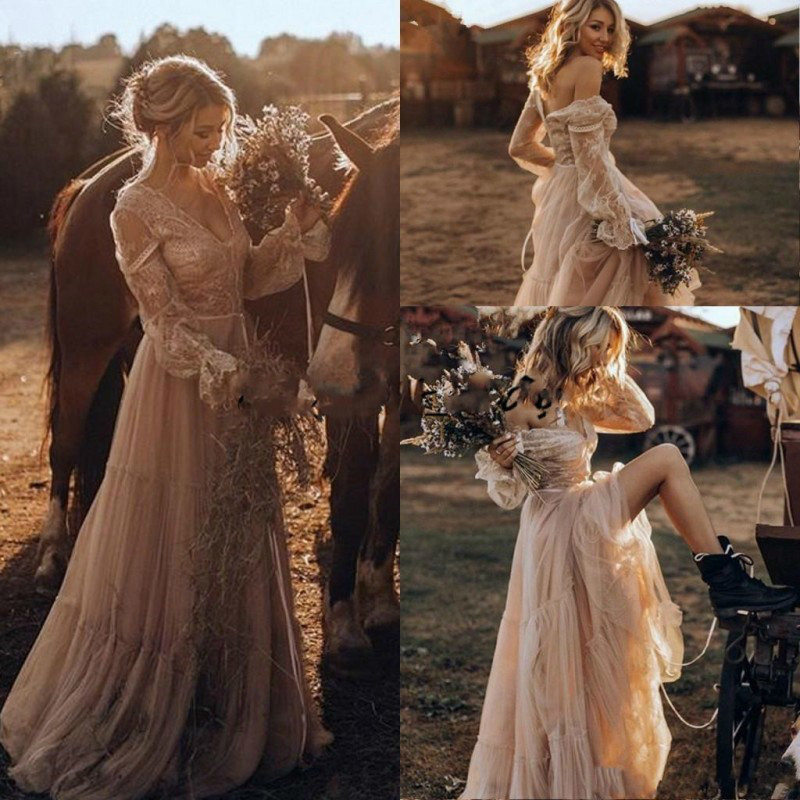 Vintage Country Western Wedding Dresses 2021 Lace Long Sleeve gypsy Striking Boho Bridal Gowns Hippie Style Abiti da spos от DHgate WW