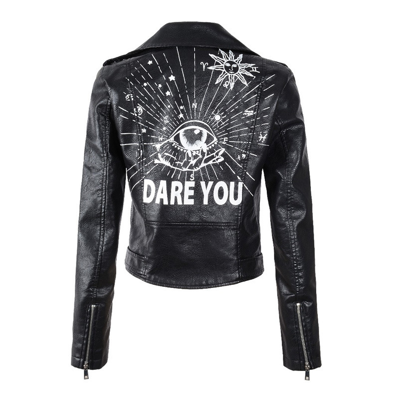 Autumn Women Winter Faux Soft Leather Jackets Coats Lady Black PU Rivet Zipper Epaulet 3D print Motorcycle Streetwear 201020
